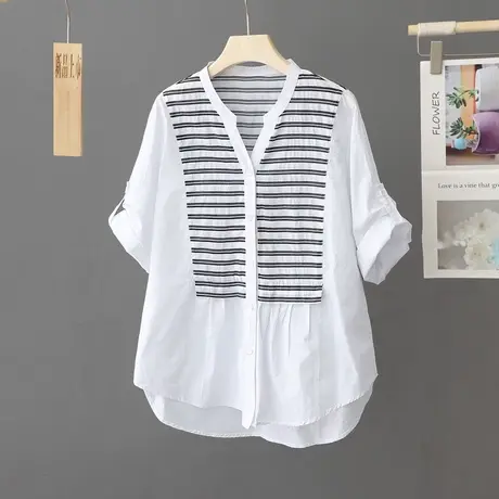 2023夏季新款韩版宽松条纹拼接白色衬衫女短袖薄款上衣休闲衬衣潮商品大图
