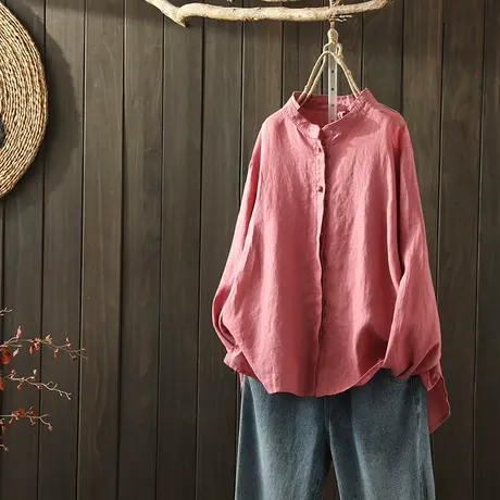 枫谜2020年春装新款文艺简约棉麻长袖衬衫女宽松立领盘扣立领衬衣图片