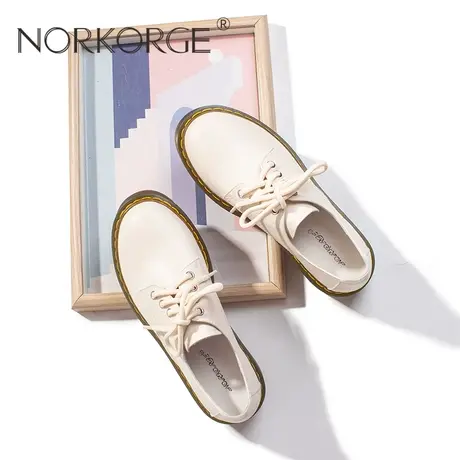 2023新款春秋复古米白色防滑单鞋女鞋真皮厚底小个子增高JK小皮鞋商品大图