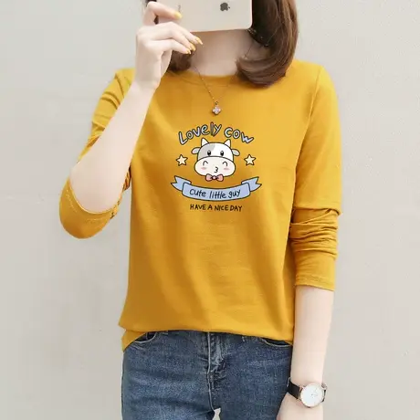 长袖t恤女春装新款2022早春圆领宽松纯棉上衣大码女士体恤打底衫商品大图