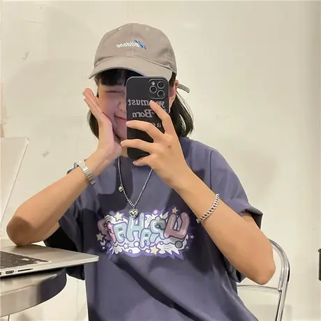 红续原创字母小众设计感糖果可爱盐系宽松百搭ins新款纯棉短袖T恤商品大图