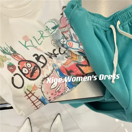 减龄俏皮韩版涂鸦长袖T恤女春宽松百搭中长款白色打底衫休闲上衣图片