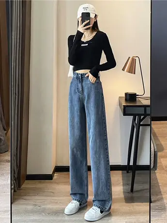 清仓捡漏潮流高腰直筒牛仔裤女秋宽松显瘦小个子休闲拖地阔腿裤商品大图