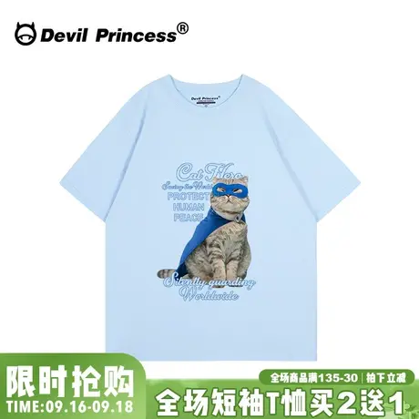 夏季新款天空蓝正肩短袖女t恤街头ins风大版宽松卡通潮牌半袖上衣图片