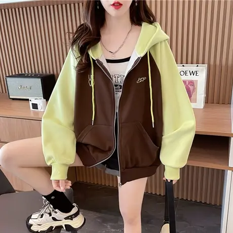 早秋装小个子连帽外套女春秋季韩版宽松撞色薄款休闲百搭开衫卫衣商品大图