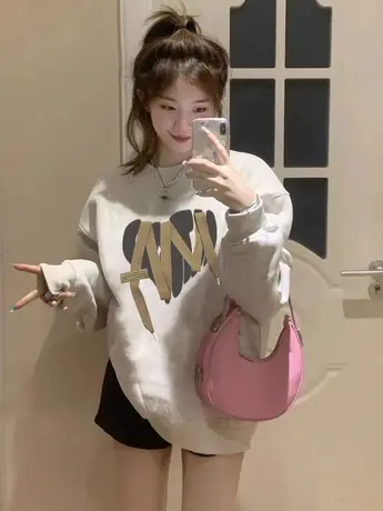 2023新款圆领卫衣女春秋季薄款小个子慵懒风美式复古宽松上衣外套商品大图