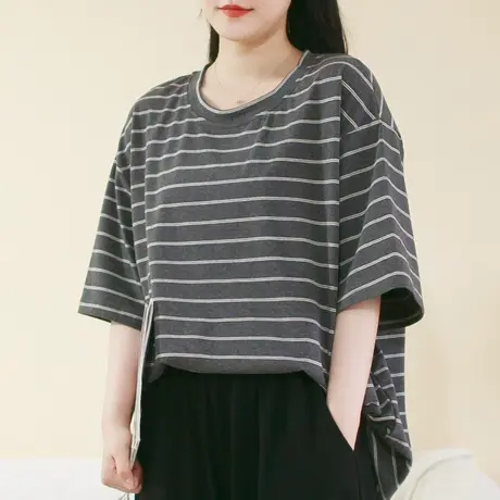 胖妹妹夏季2023新款简约条纹短袖T大码宽松ins风圆领好搭配的T恤商品大图