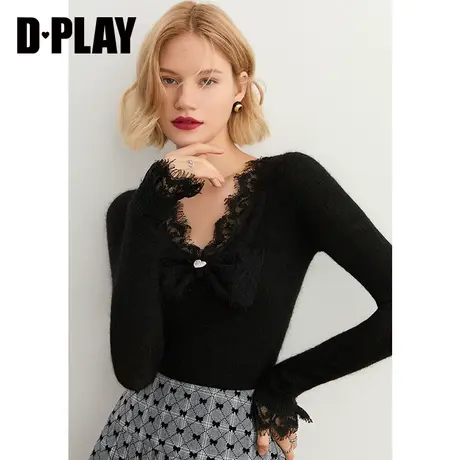 DPLAY德帕拉春蕾丝花边V领修身针织衫经典黑内搭上衣图片