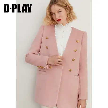 DPLAY德帕拉秋装冬款气质复古山茱萸粉色宽肩双排扣毛呢外套图片