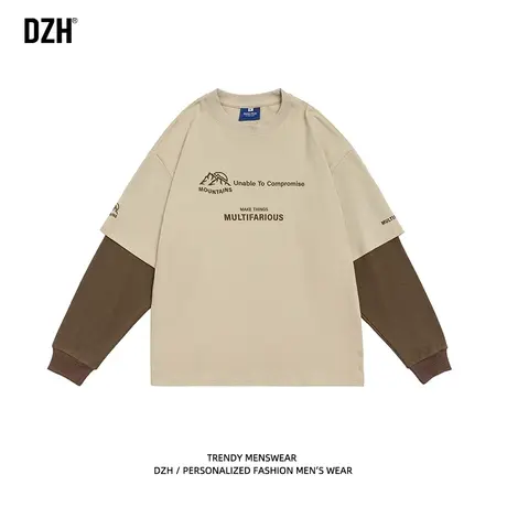 男生假两件长袖t恤男潮牌春秋重磅男装2023新款印花卫衣宽松圆领商品大图