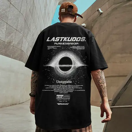 美式重磅印花短袖t恤男款街头涂鸦大码胖子黑色圆领纯棉半袖潮流商品大图