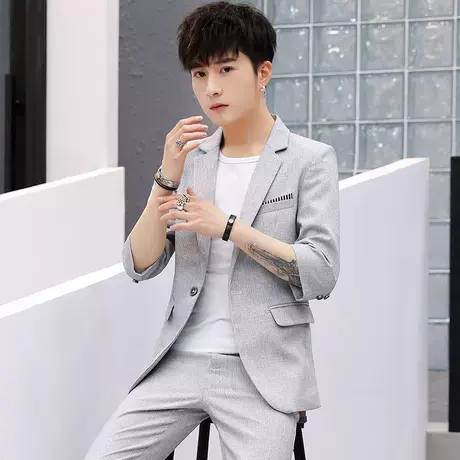 男士夏季薄款休闲西服套装韩版青年帅气修身潮流中袖小西装两件套商品大图
