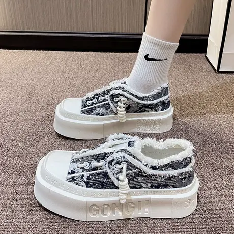 厚底帆布鞋女2023新款夏秋季透气复古方头单鞋百搭网红松糕板鞋潮商品大图