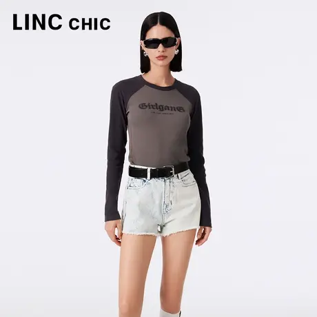 LINCCHIC金羽杰2023秋冬季新款气质修身显瘦圆领长袖拼接T恤女商品大图