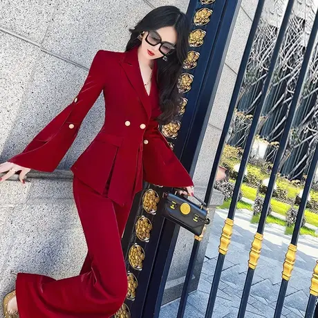 VJE春季女神范西装套装女新款时尚袖口小西服喇叭裤两件套图片