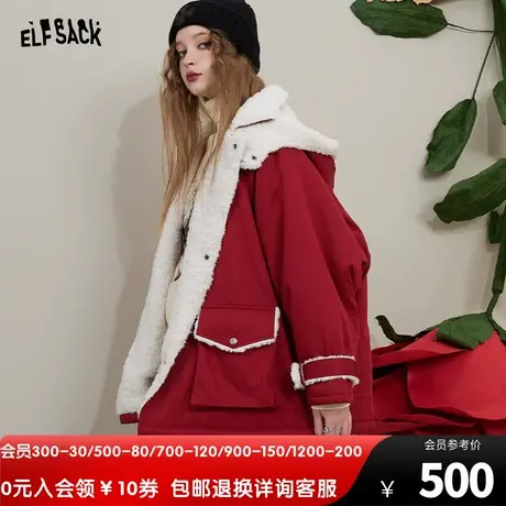 妖精的口袋红色羊羔绒棉服女2022冬季新款小个子甜美短款棉衣外套图片