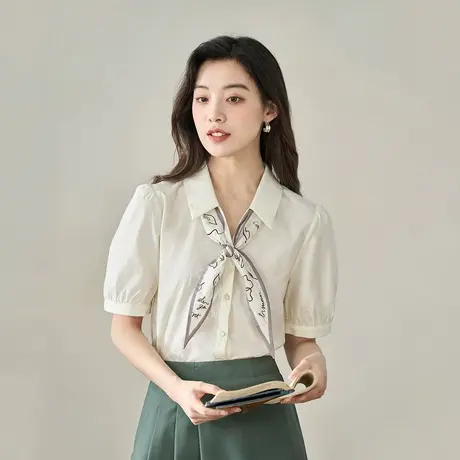 【商场同款】茵曼简约通勤衬衫2023夏女装新款可拆卸系带丝巾上衣图片