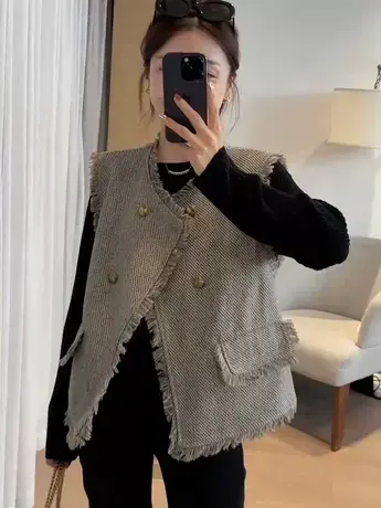 秋季2023新款韩版复古气质流苏小香风马甲女百搭开衫马夹外穿背心图片