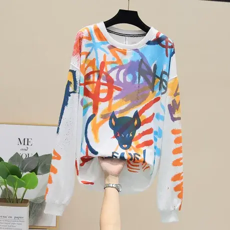 2023秋装新款棉质宽松涂鸦印花卫衣女士气质圆领长袖T恤大版女装商品大图