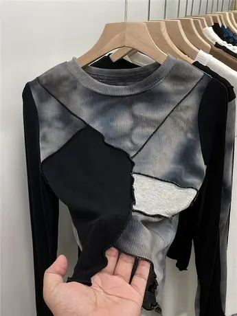 秋冬洋气欧货短款扎染独特设计别致上衣螺纹打底衫女内搭长袖t恤商品大图