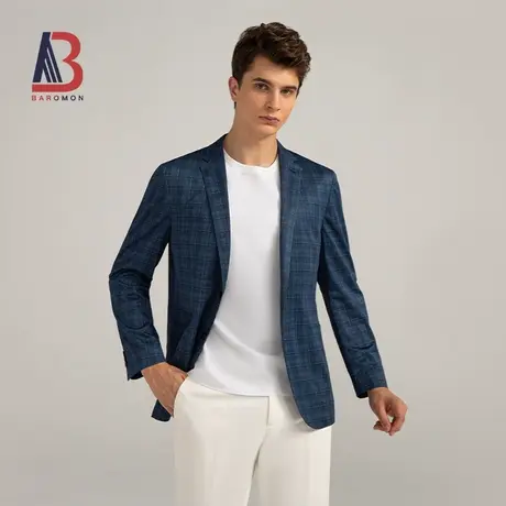 BAROMON/培罗蒙2023秋款单西修身蓝色格子薄款西装无内衬西服外套图片