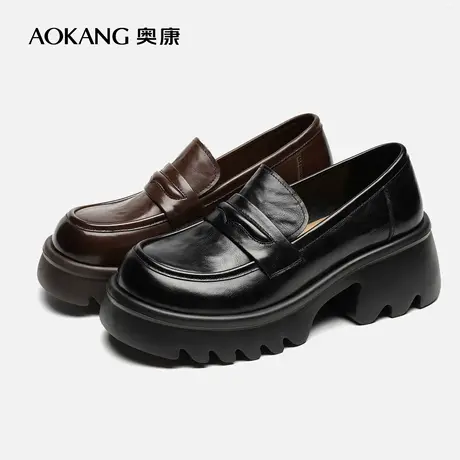 【门店发货】奥康女鞋 春新款真皮褶皱黑色厚底小皮鞋单鞋图片