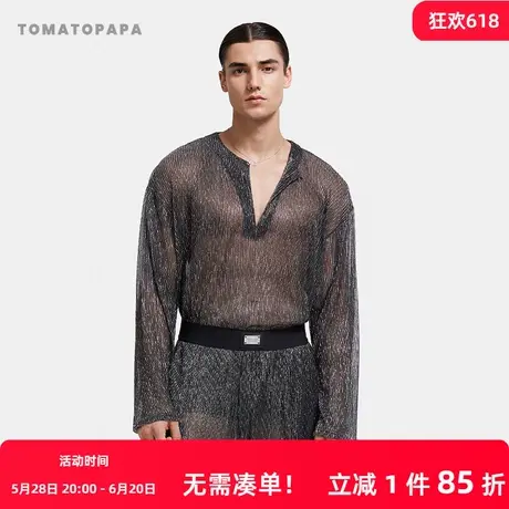 TOMATOPAPA意式V领网纱居家套装慵懒风可外穿演出服时尚潮流套装图片
