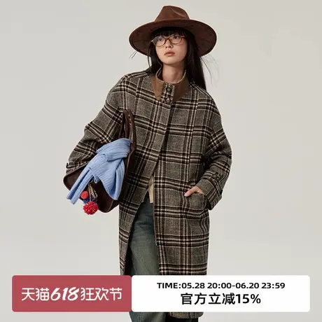 omont蛋挞家 复古撞色领格纹呢子外套秋冬立领宽松中长款大衣图片