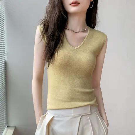 V领针织无袖背心女2024夏季新款修身设计感坎肩配衬衫的内搭上衣图片