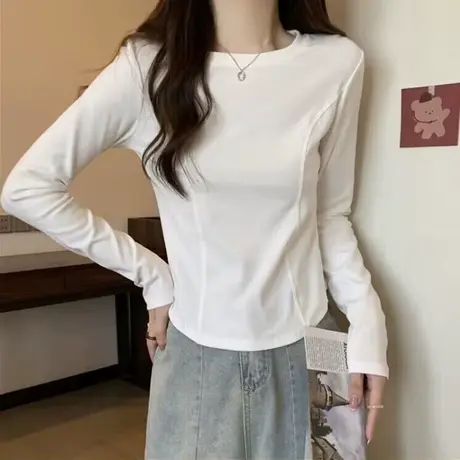 不规则长袖T恤女秋季百搭修身显瘦韩版内搭纯棉上衣打底衫ins潮牌商品大图