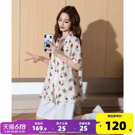 唐狮女短袖衬衫2025夏季女古巴领宽松满身图案短袖日常微弹衬衫图片