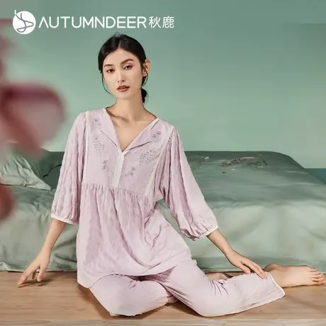 秋鹿睡衣夏天女款新中式国风针织提花七分袖束口九分裤家居服套装图片
