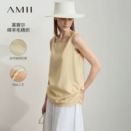 Amii2025夏新款莱赛尔皱感扭结吊带背心女内搭缩褶宽松休闲上衣图片