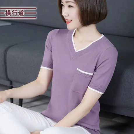 夏季V领中年妈妈短袖口袋针织衫洋气上衣女装夏装2023年新款半袖商品大图