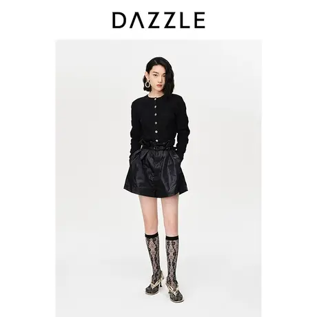 DAZZLE地素奥莱23春季新款黑色时髦花苞腰缎面A字宽松休闲裤短裤图片