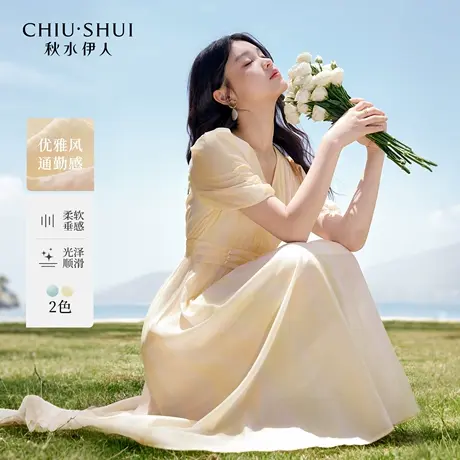 秋水伊人X型V领印花抽褶袖型高腰连衣裙2025夏季新款女休闲中长裙商品大图