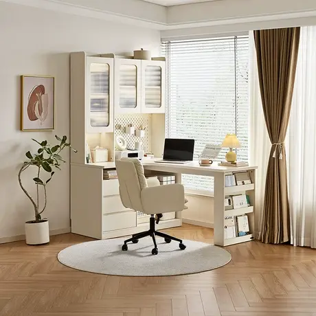 政府补贴全友家居儿童学习家用书桌奶油风书柜一体组合转角学习桌商品大图