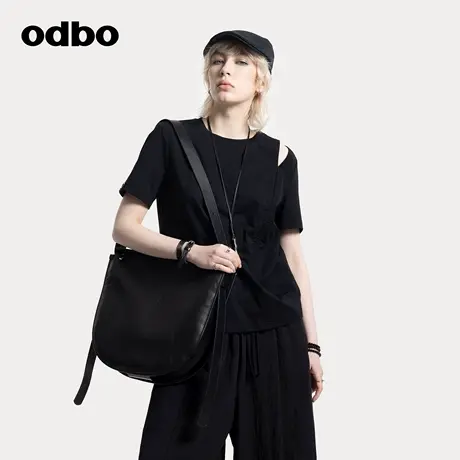 odbo/欧迪比欧短袖女t恤2025新款设计感小众镂空时尚圆领抽绳拼接商品大图