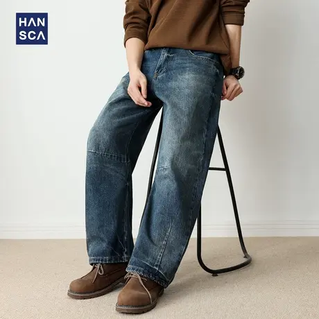 hansca直筒宽松拼接阔腿深蓝色牛仔裤男2025新款秋季复古美式长裤商品大图