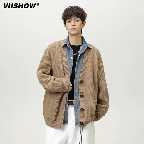 VIISHOW重磅慵懒风宽松开衫毛衣男日系开衫美式复古V领纯色针织衫商品大图