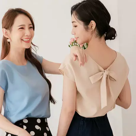 桔熊夏季韩版气质闺密装通勤蝴蝶结绑带雪纺衫上衣女大码AB14546图片