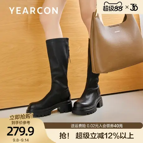 意尔康粗跟厚底骑士靴女2025秋冬新款小个子弹力长筒瘦瘦靴高跟靴商品大图