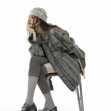 美式潮牌复古水洗流苏毛边格纹短外套女秋季新款宽松休闲夹克上衣商品大图