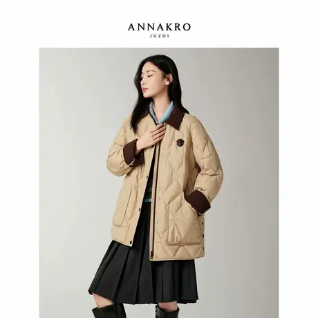 玖姿安娜蔻美式巴恩风拼接翻领发热鸭绒羽绒服女2025冬季新款商品大图