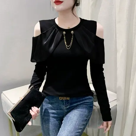 设计感镂空露肩T恤女长袖性感褶皱拼接上衣洋气修身透气百搭小衫商品大图