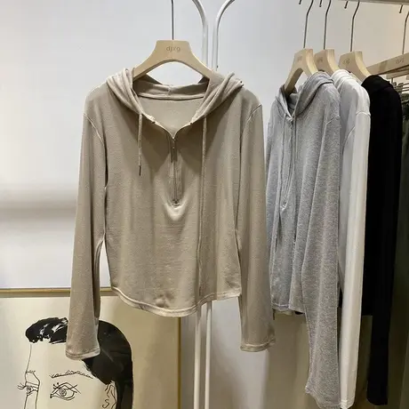 半拉链连帽长袖T恤女春秋修身显瘦小个子短款内搭打底衫潮牌上衣商品大图
