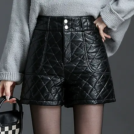 高腰加厚PU皮短裤女冬季2023新款时尚阔腿裤百搭显瘦休闲皮裤靴裤图片