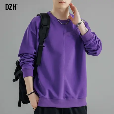 男士紫色卫衣男春秋季潮牌高级感男装2023新款美式男生圆领上衣服商品大图