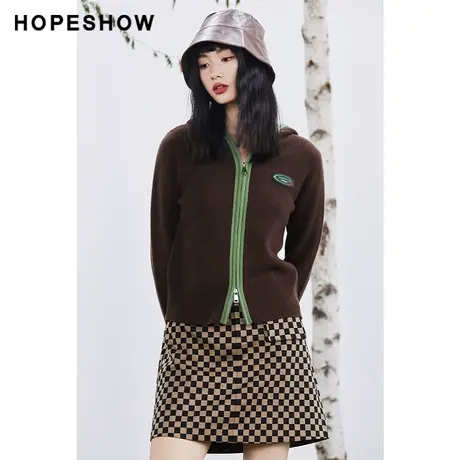 红袖outlets字母logo连帽针织衫hopeshow2023秋款撞色边休闲开衫商品大图