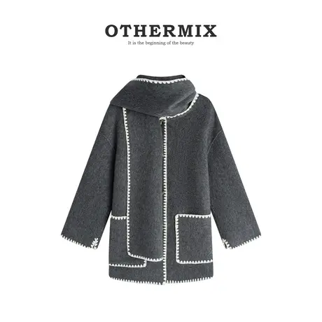 othermix披肩羊毛外套女2023秋冬新款高级感时尚减龄双面毛呢外套商品大图